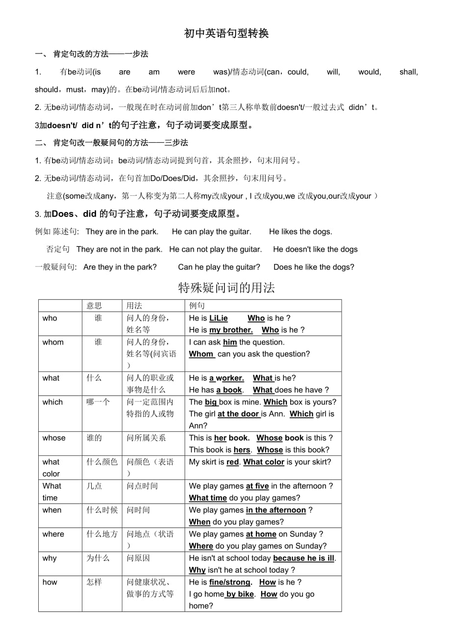 初中英语句型转换(陈述句变一般疑问句特殊疑问句及练习)_第1页