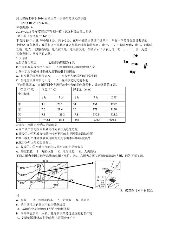 历年高考真题——河北省衡水中学高三第一次模拟考试文综试题