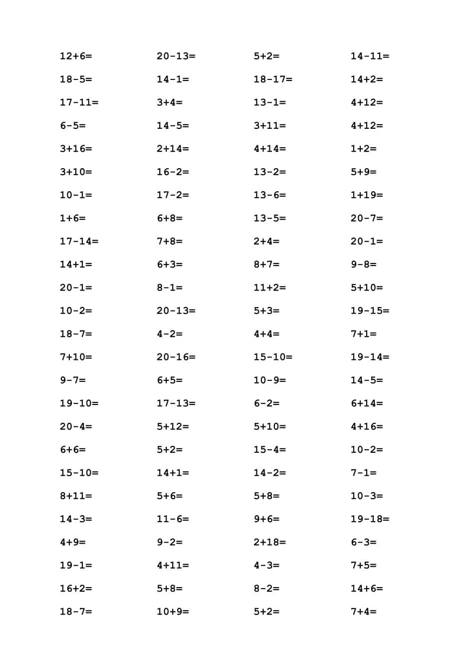 一年级20以内加减法口算题 A4直接打印,每页100道,编排整齐_第5页