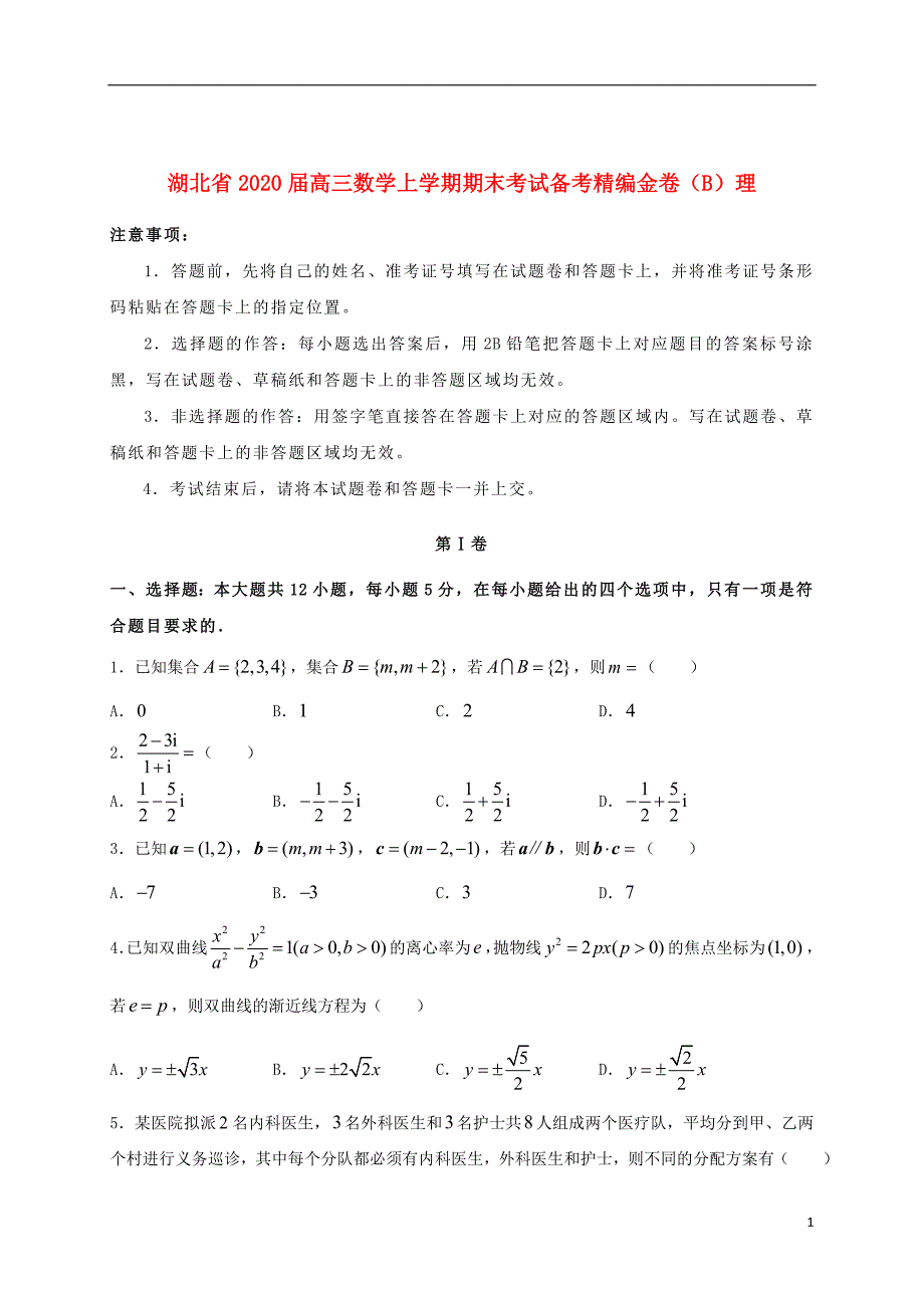 湖北省2020届高三数学上学期期末考试备考精编金卷（B）理_第1页