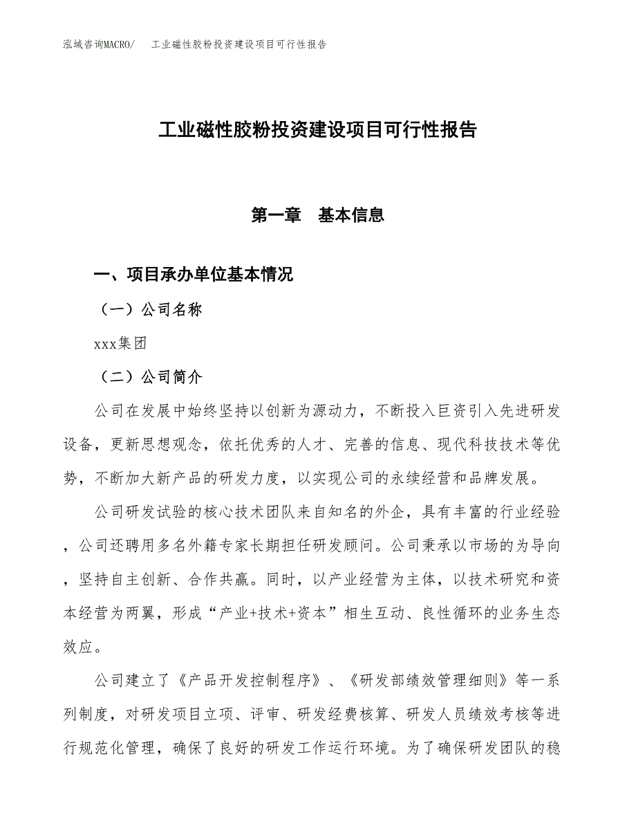 关于工业磁性胶粉投资建设项目可行性报告（立项申请）.docx_第1页