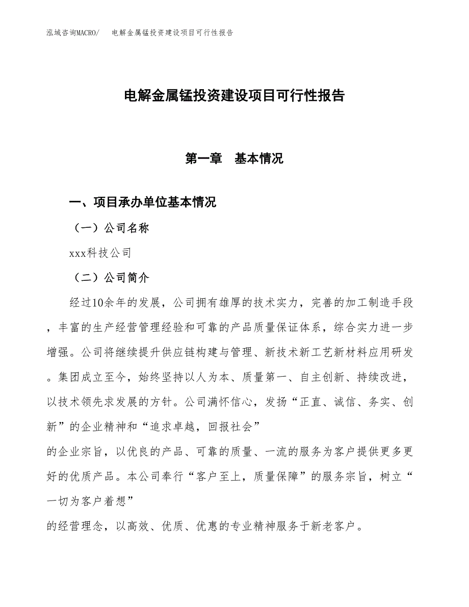 关于电解金属锰投资建设项目可行性报告（立项申请）.docx_第1页