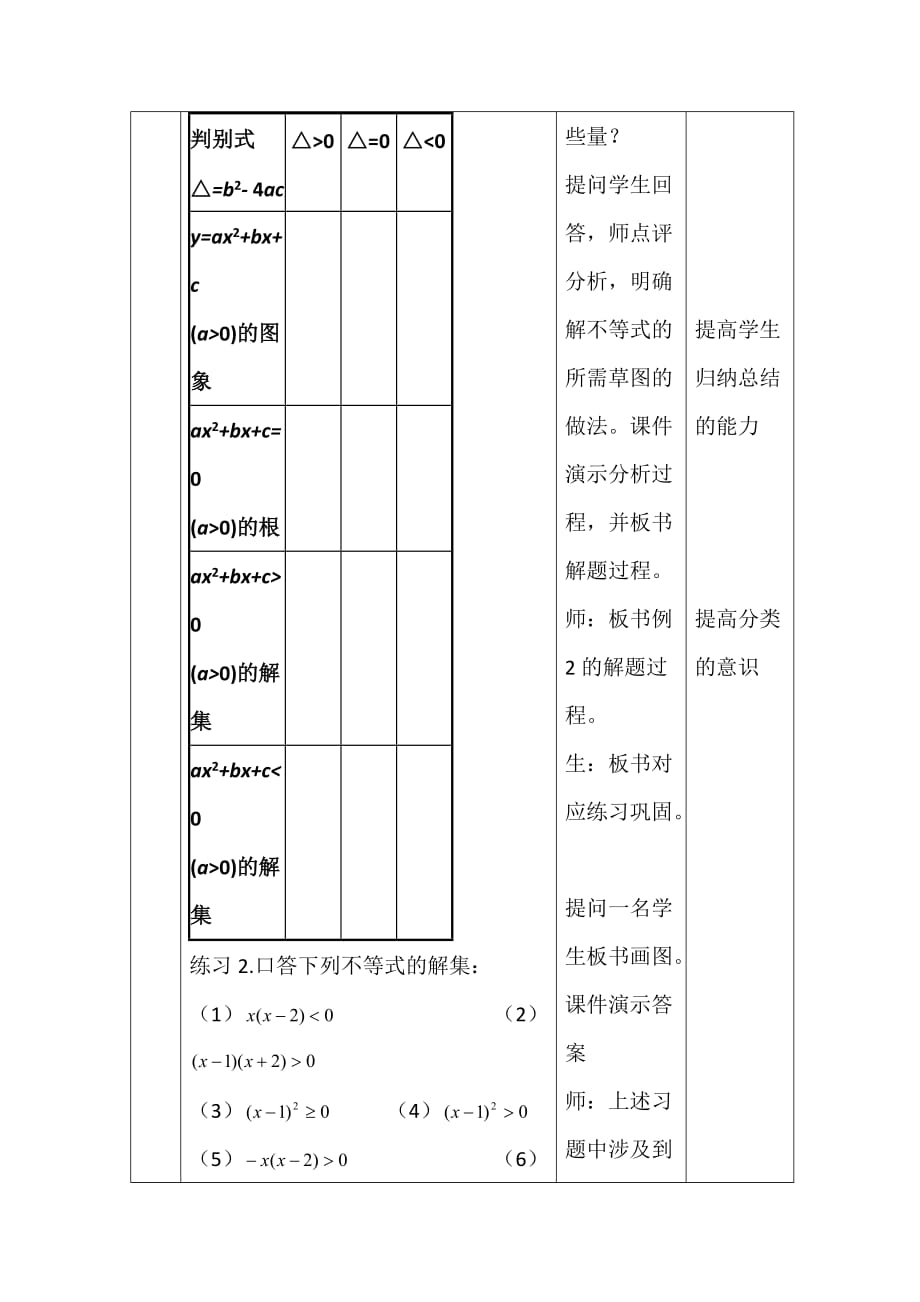 高中数学北师大必修五教学设计：3.2一元二次不等式及其解法 .doc_第4页