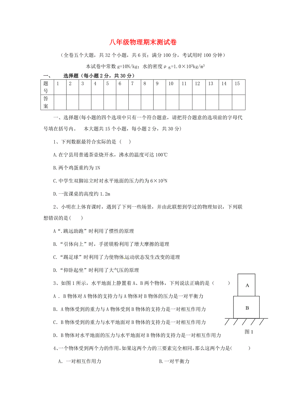 甘肃省宁县第五中学八年级物理下学期期末考试试题 新人教版.doc_第1页