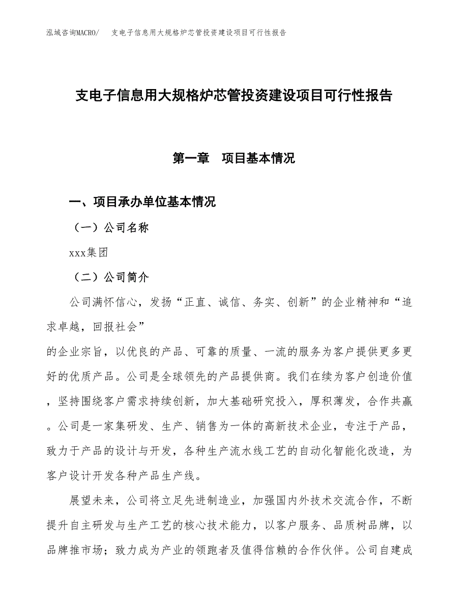 关于支电子信息用大规格炉芯管投资建设项目可行性报告（立项申请）.docx_第1页