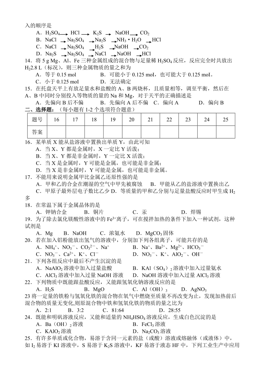 高中化学学科素质（金属部分）训练及参考答案.doc_第2页