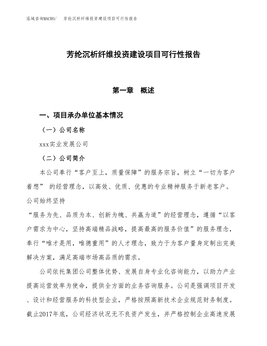 关于芳纶沉析纤维投资建设项目可行性报告（立项申请）.docx_第1页