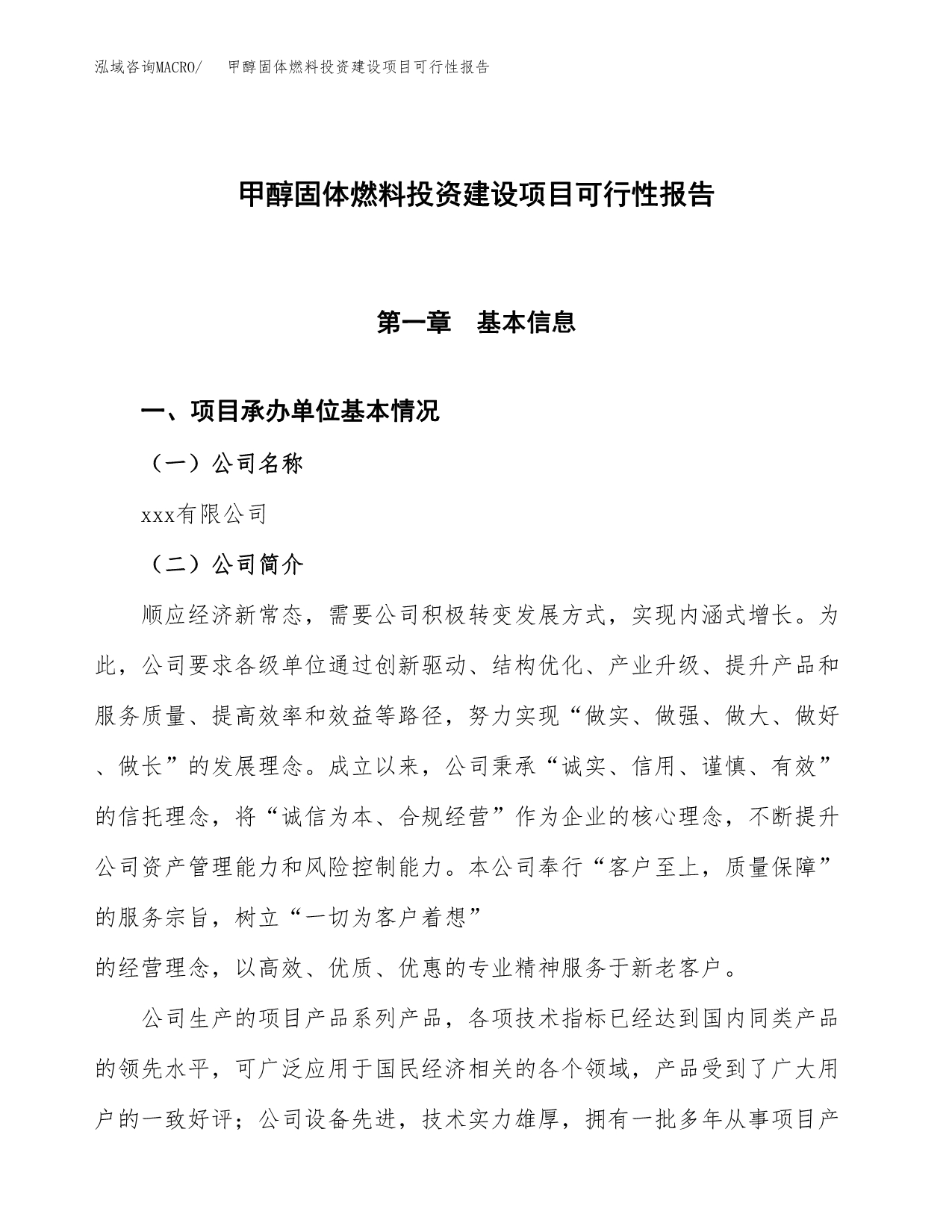 关于甲醇固体燃料投资建设项目可行性报告（立项申请）.docx_第1页