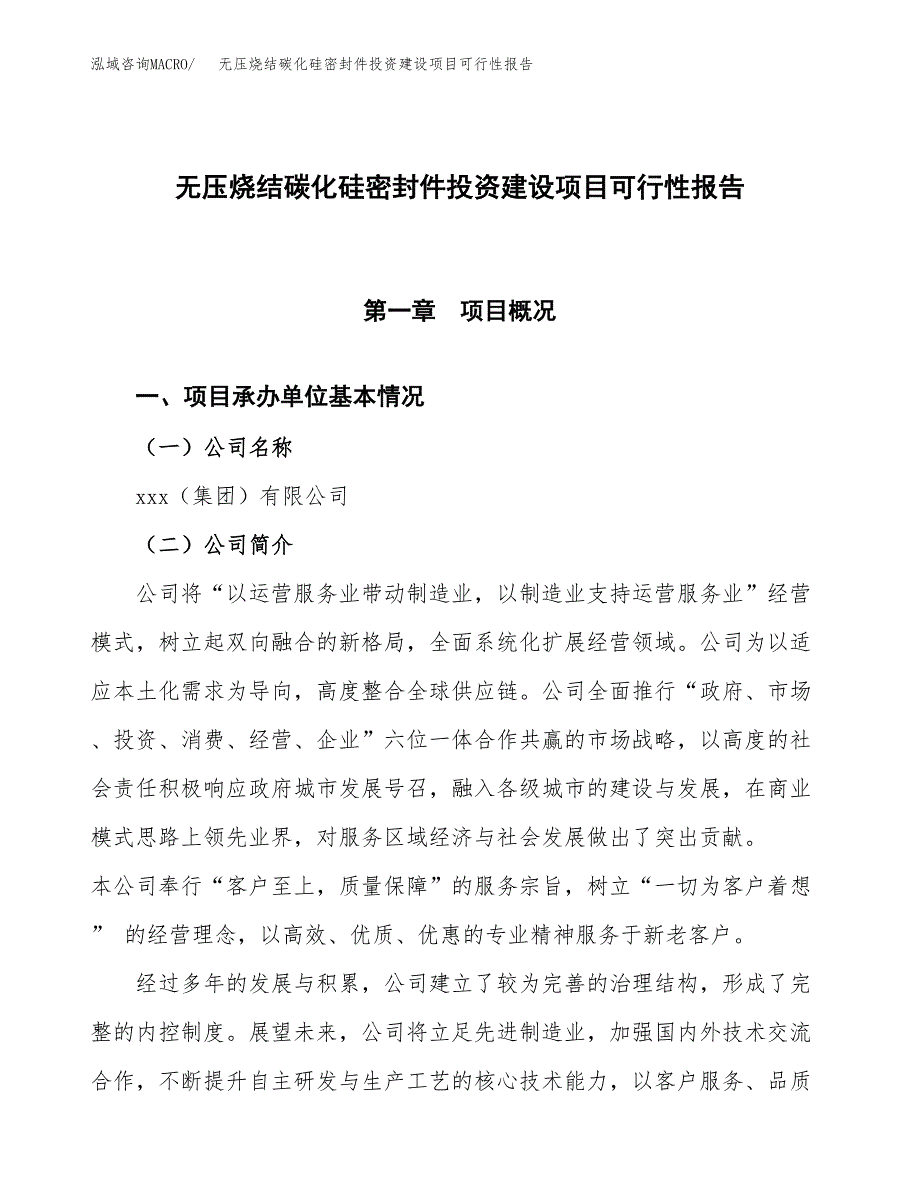 关于无压烧结碳化硅密封件投资建设项目可行性报告（立项申请）.docx_第1页