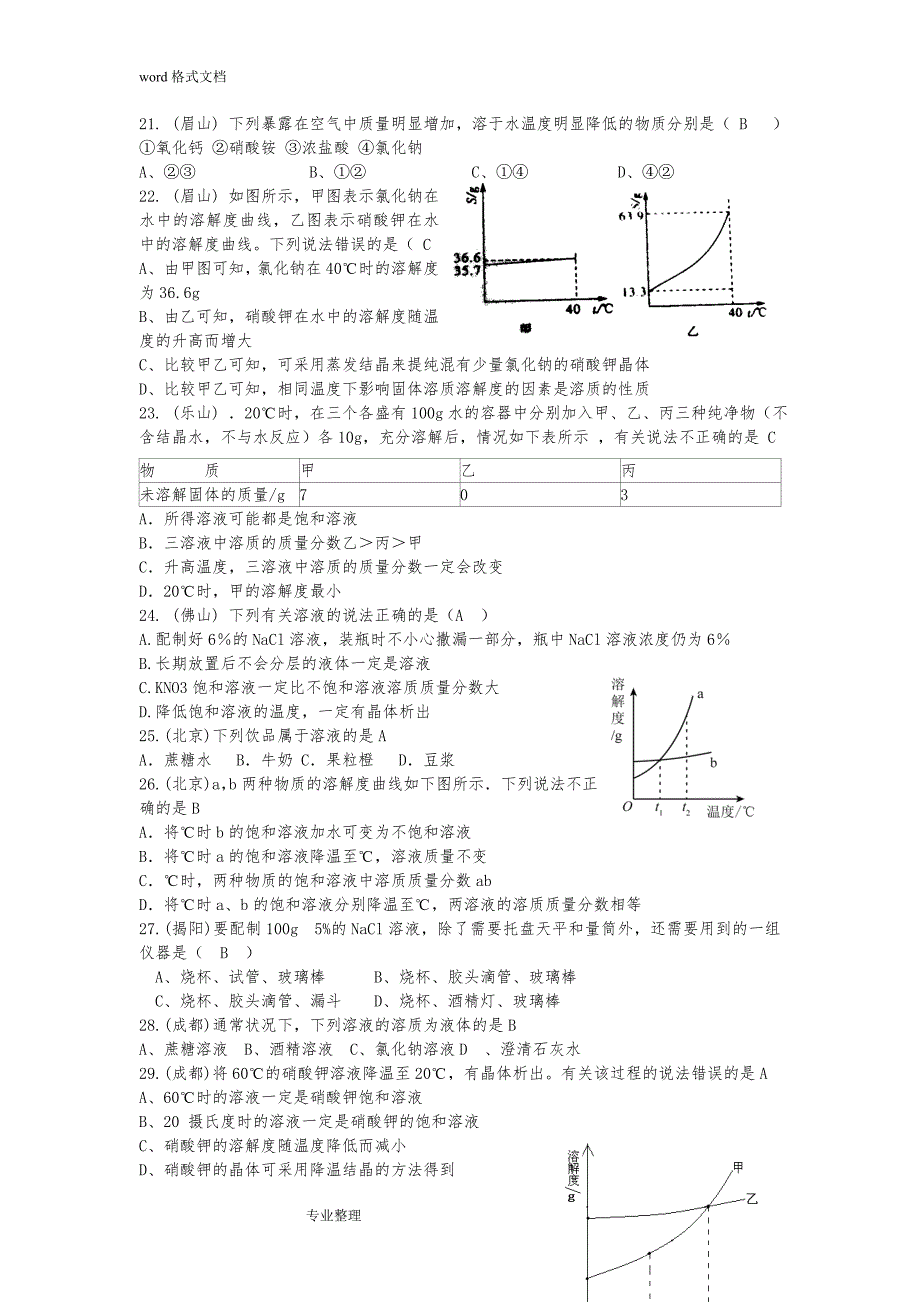 2018中考化学试题溶液和溶解度曲线(汇编)_第4页