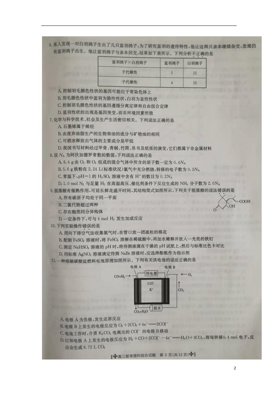 贵州省部分重点中学2019届高三理综上学期12月联考试题（扫描版无答案）_第2页