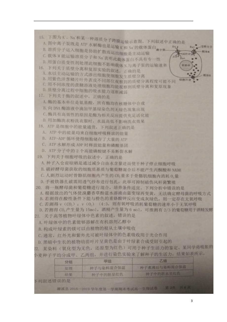 安徽省濉溪县2018_2019学年高一生物上学期期末考试试题（扫描版）_第3页