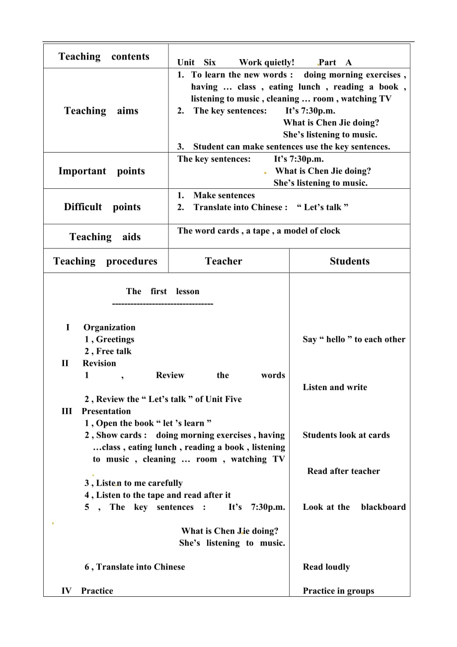 五年级下英语教案Unit Six Work quietly! Part A人教pep_第1页