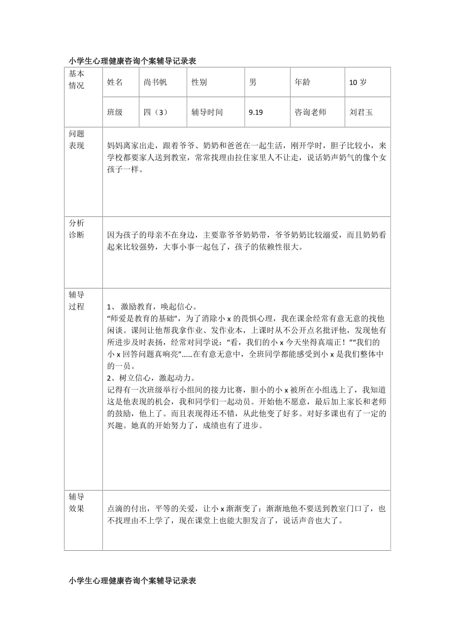 小学生心理健康咨询个案辅导记录表72667_第2页