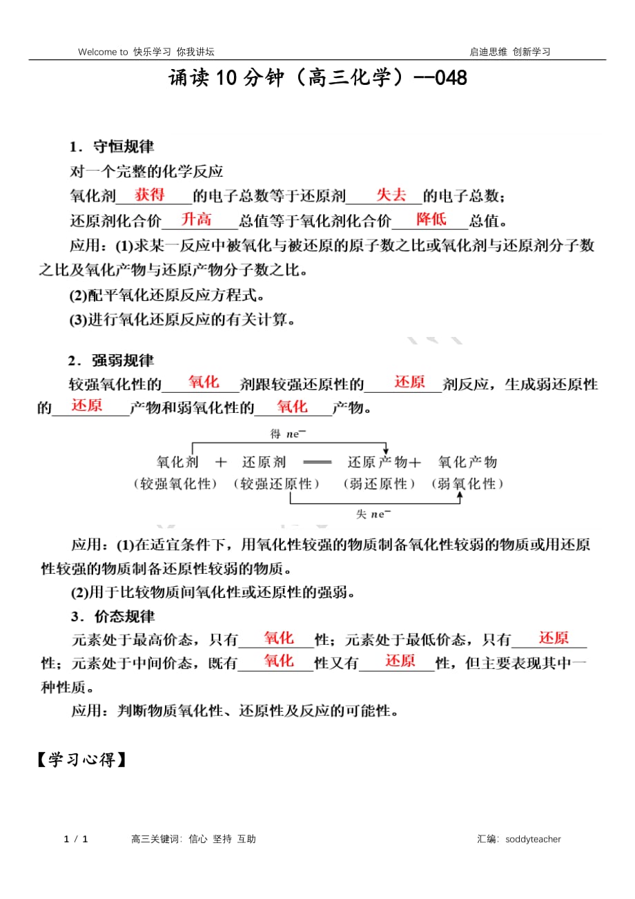 2019高考化学一轮复习诵读10分钟系列第2章化学物质及其变化第3节氧化还原反应素材10pdf20181016397_第1页