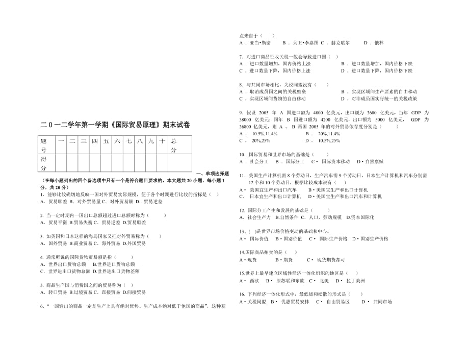 国际贸易期末试卷(含答案)_第1页