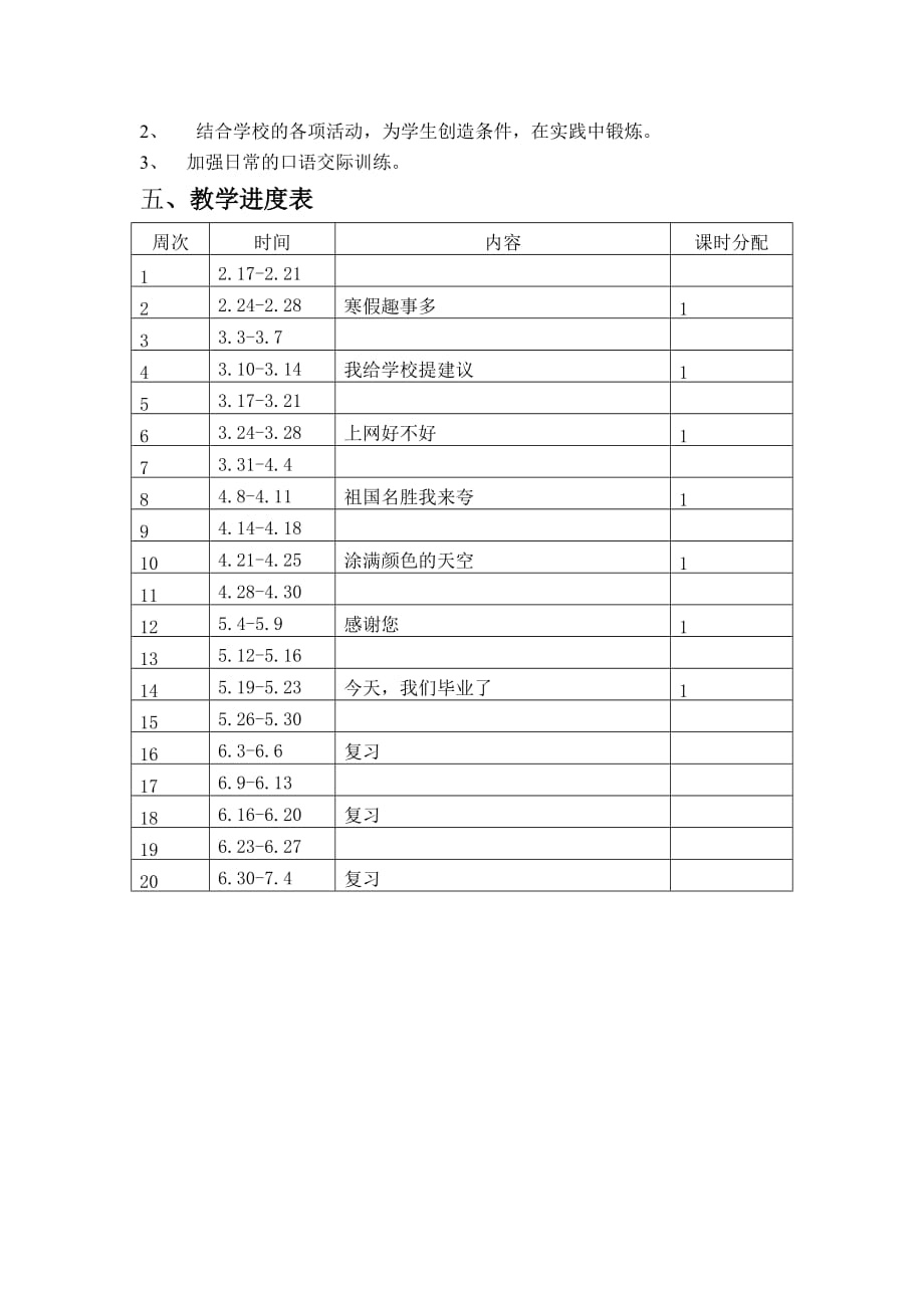 人教版六年级下册口语交际教学计划_第3页