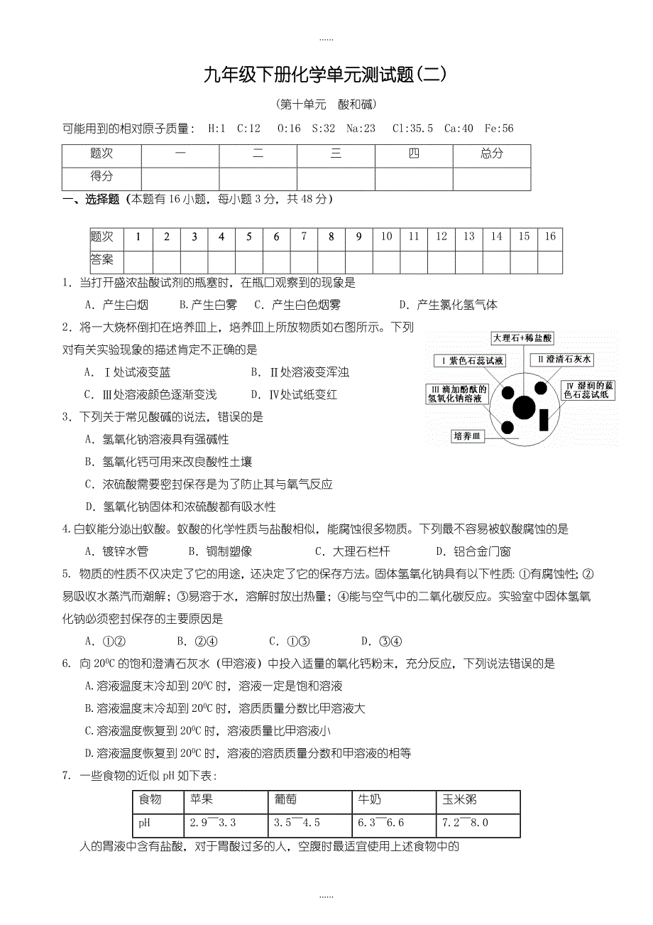 人教版九年级化学下册第10单元 酸和碱 单元测试题及答案1_第1页