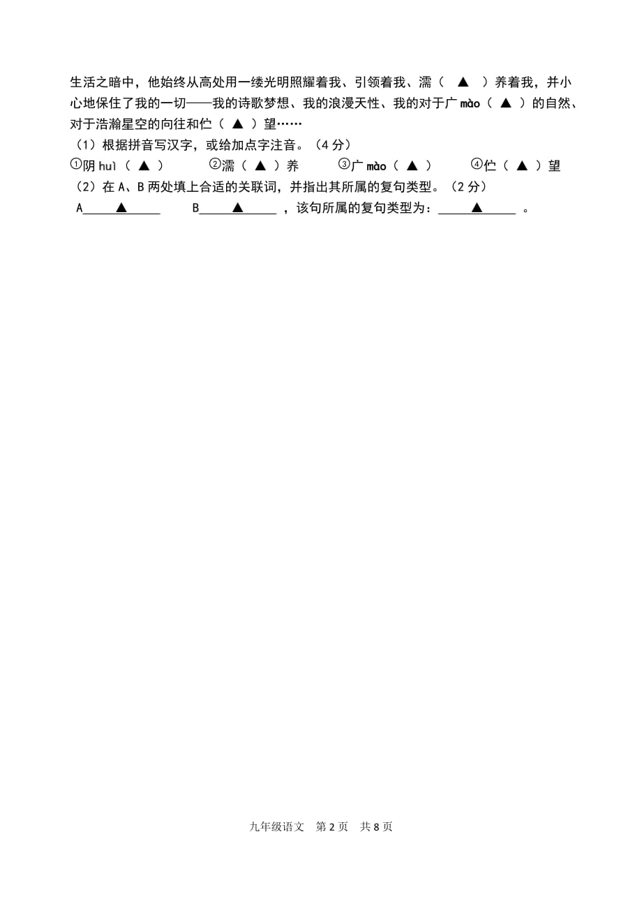 18-19学年度第一学期 九年级期中语文质量监测试卷_第2页