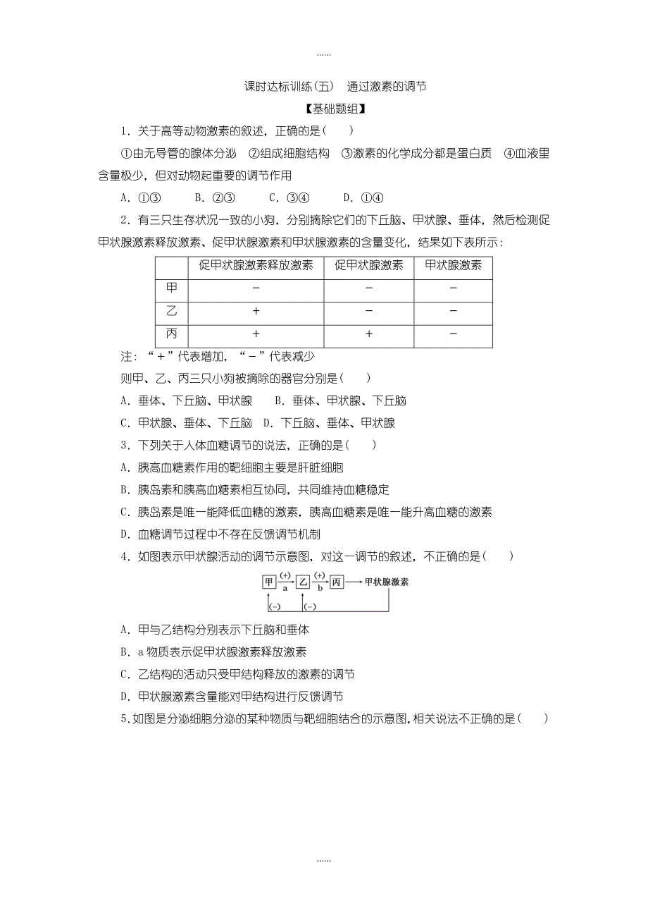 人教版高中生物必修3课时达标训练：（五）　通过激素的调节含答案_第1页