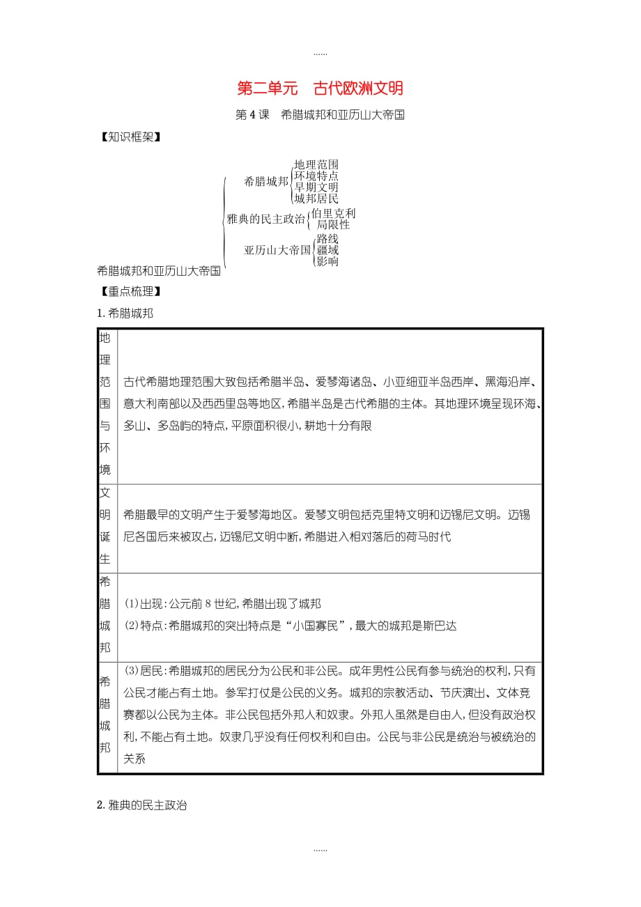 人教版九年级历史上册第二单元古代欧洲文明第4课希腊城邦和亚历山大帝国知识点总结_第1页