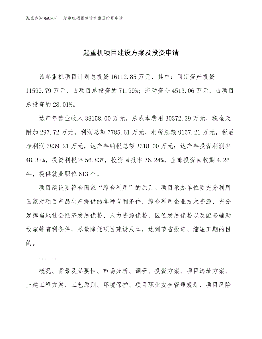 起重机项目建设方案及投资申请_第1页