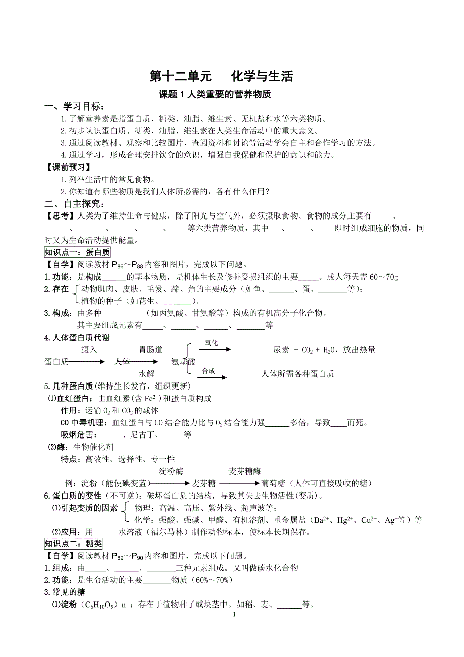 九年级化学下册【第十二单元化学与生活导学案】_第1页