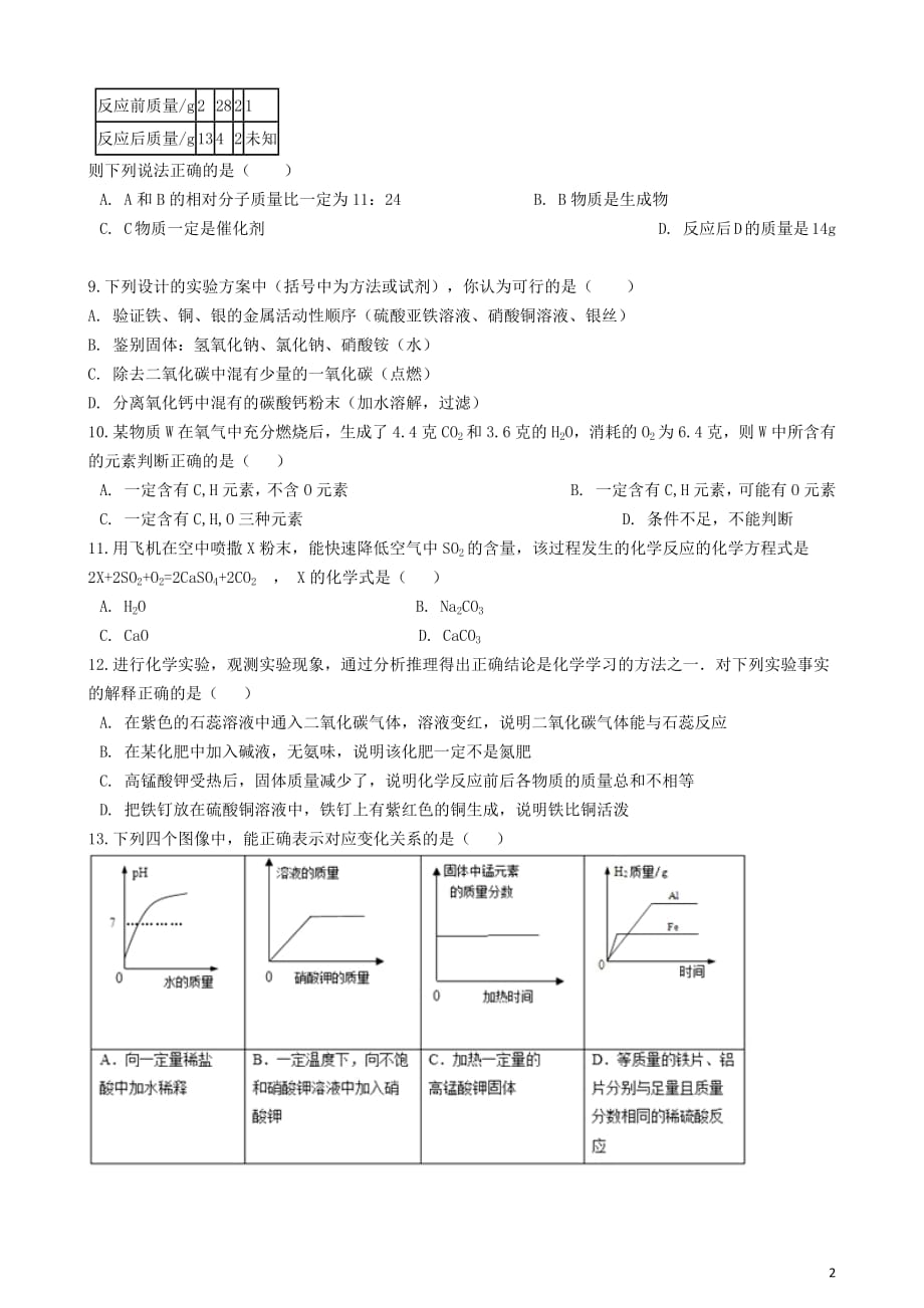 九年级化学上册第五单元化学方程式5.1“质量守恒定律”练习题（无答案）（新版）新人教版_第2页