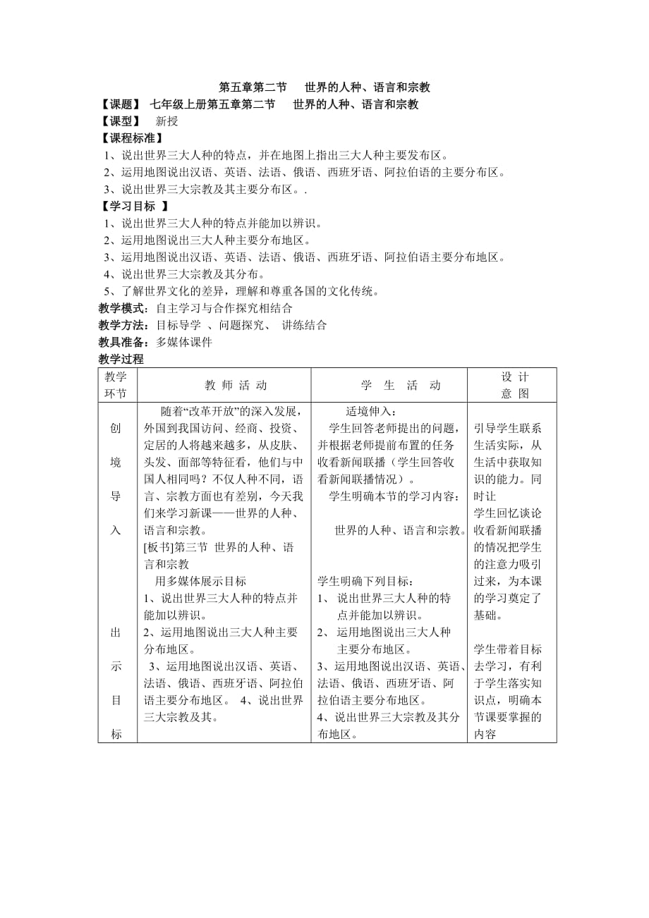 商务星球版七年级第五章第二节世界的人种、语言和宗教教案_第1页