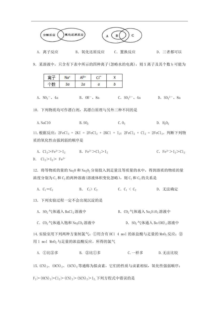 2018-2019学年江西省高一上学期第二次月考化学试卷（自主招生班）Word版_第3页