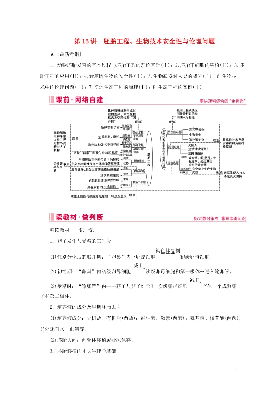 2020届高考生物艺考生总复习专题九胚胎工程、生物技术安全性与伦理问题高频命题点1胚胎工程教学案_第1页