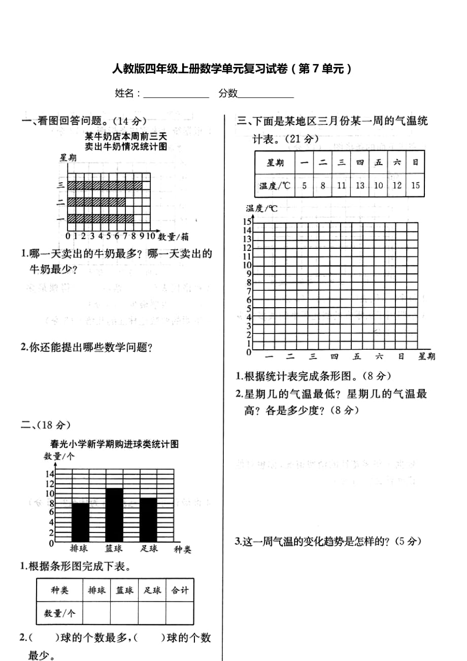 人教版四年级上册数学单元复习试卷（第7单元）_第1页