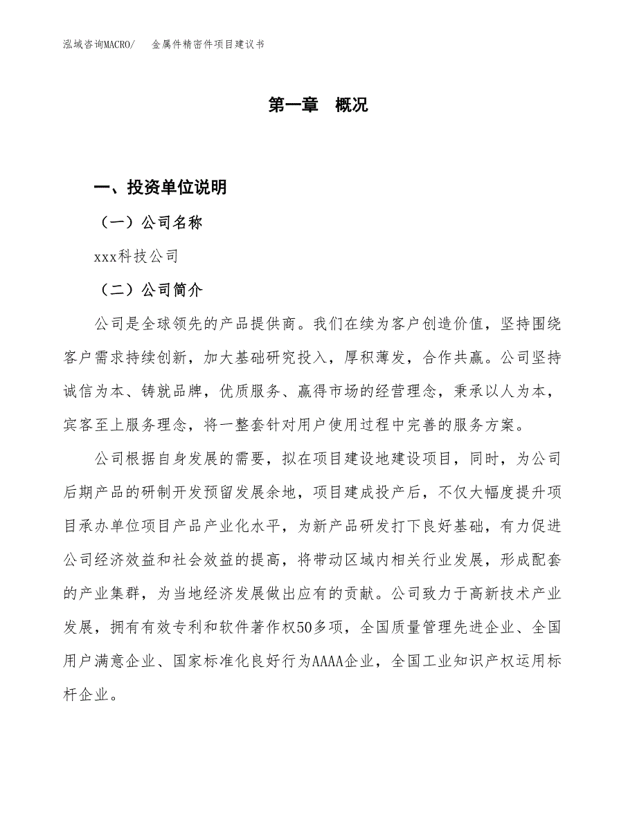 金属件精密件项目建议书(项目汇报及实施方案范文).docx_第1页