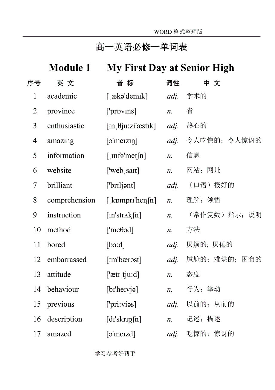 外研社高中一年级英语必修1单词表_第1页