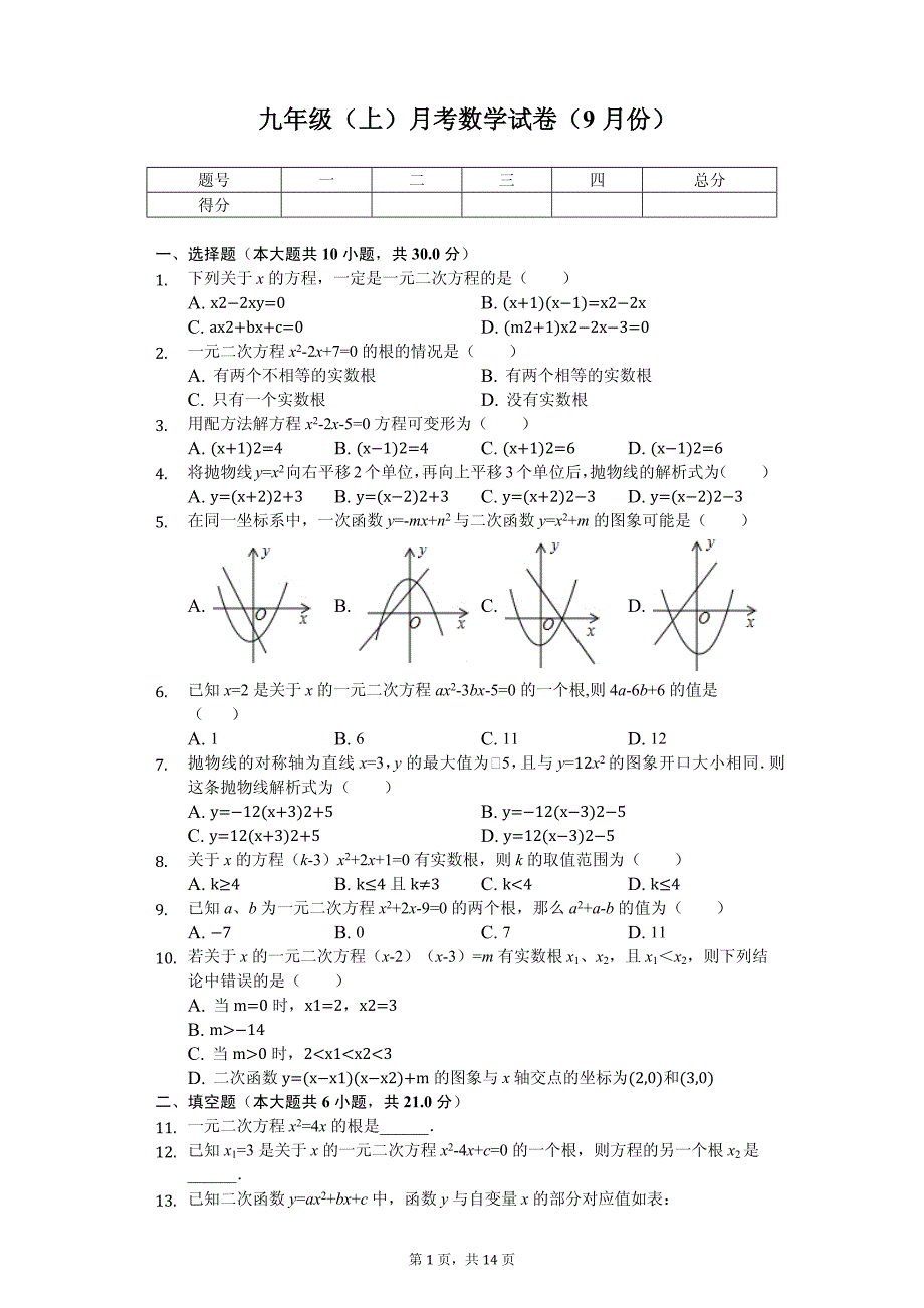 四川省九年级（上）月考数学试卷（9月份）_第1页