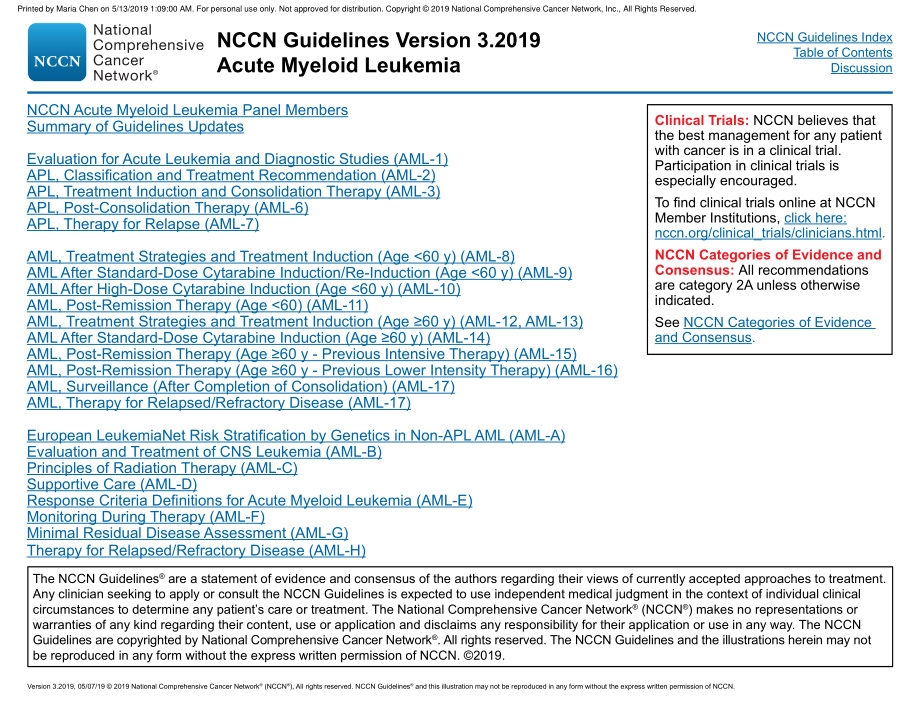 NCCN临床实践指南_急性髓性白血病(2019.V3)英文版_第3页
