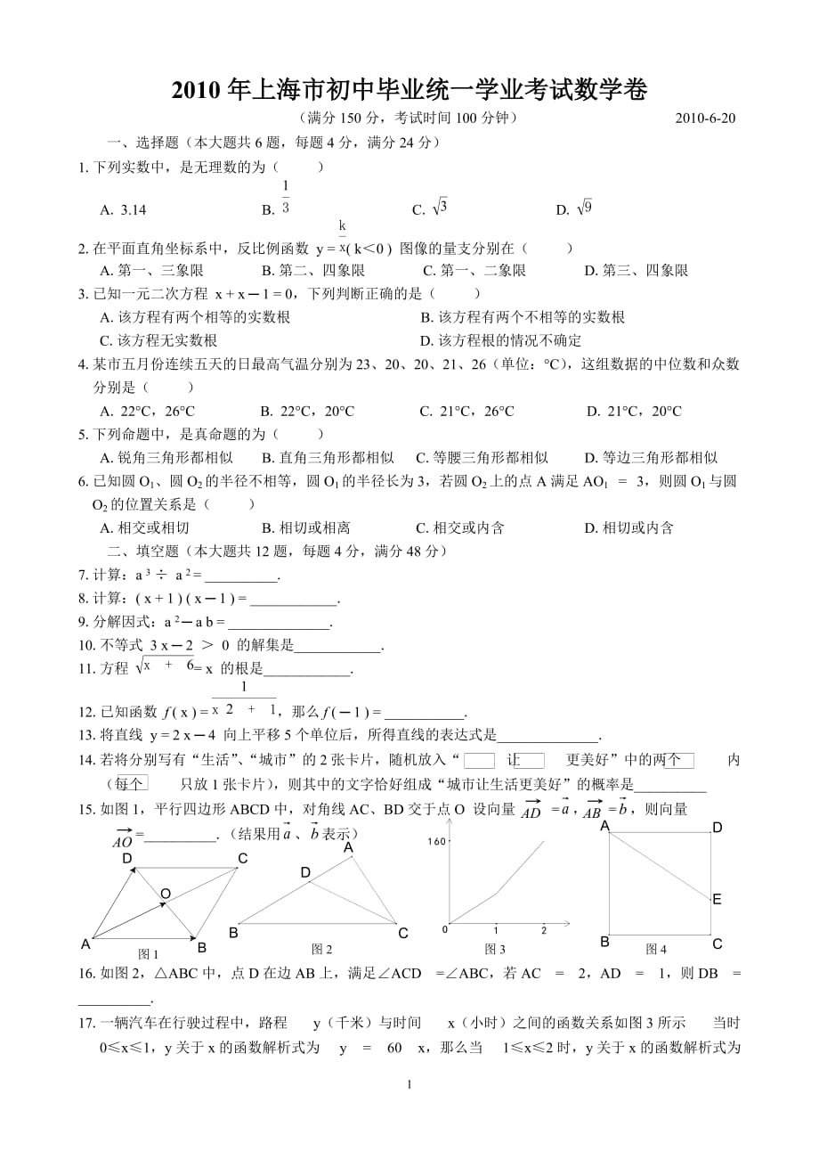 2010年上海市初中毕业统一学业考试-数学卷_第1页