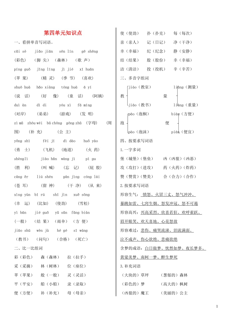 2019二年级语文下册课文3第四单元复习知识点新人教版_第1页