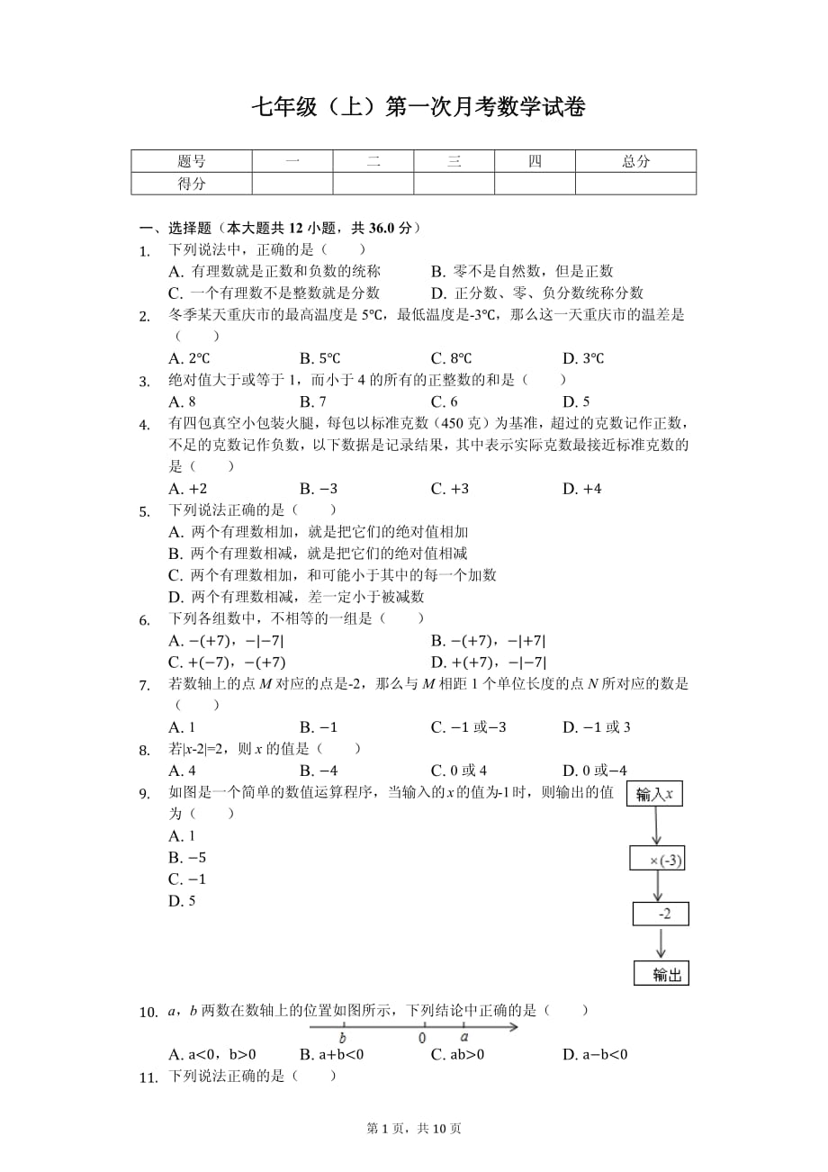 安徽省阜阳九中七年级（上）第一次月考数学试卷_第1页