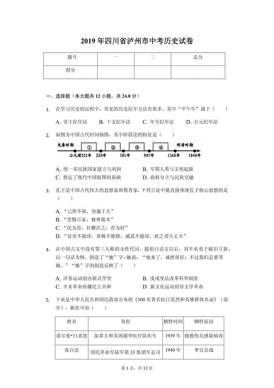 2019年四川省泸州市中考历史试卷解析版_第1页