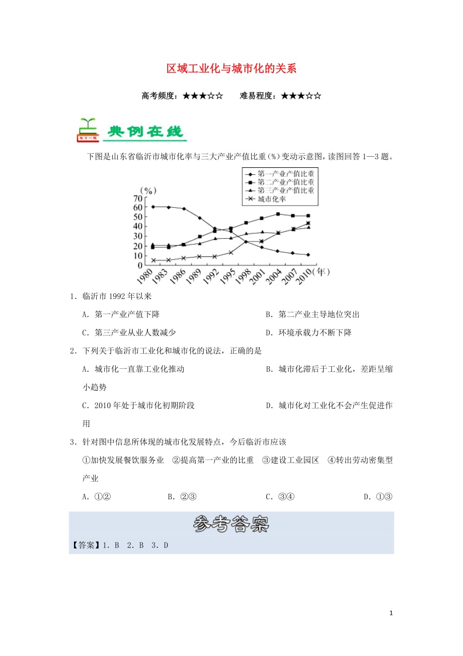 2018_2019学年高中地理每日一题区域工业化与城市化的关系（含解析）新人教版必修3_第1页