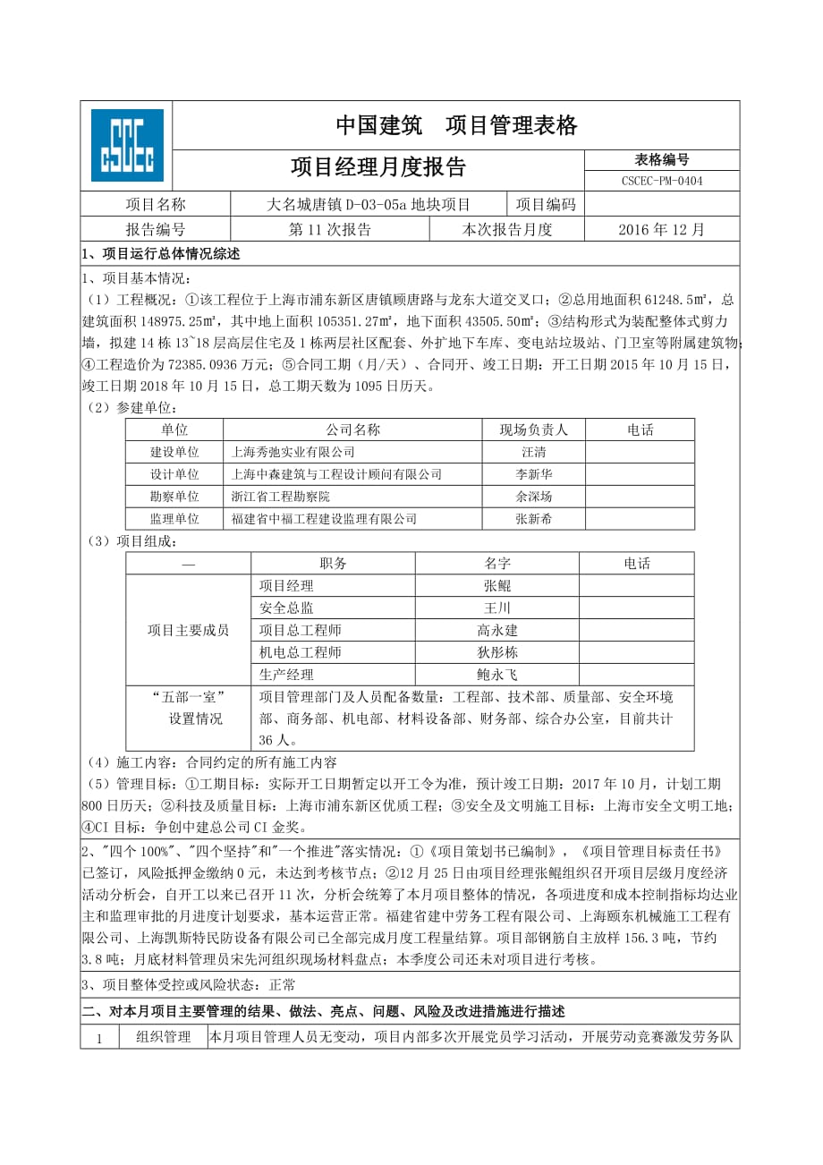 上海大名城项目经理12月度报告_第1页