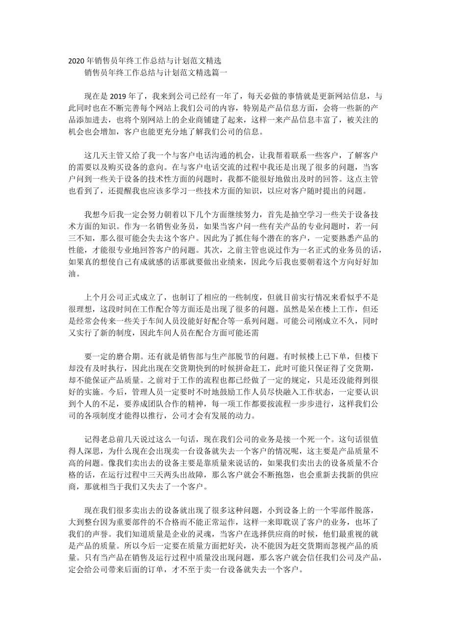 2020年销售员年终工作总结与计划范文精选_第1页