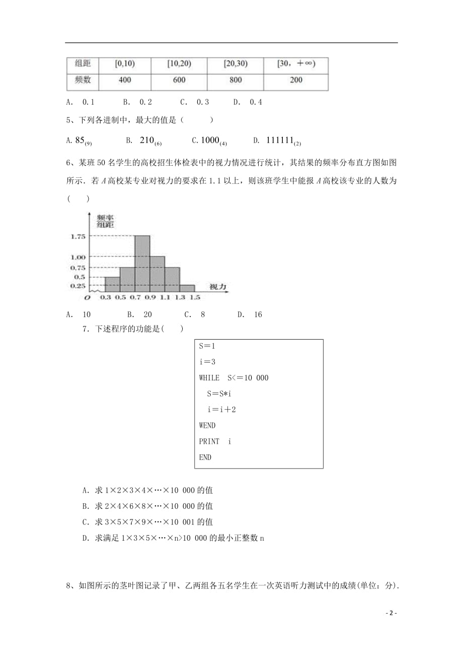 广西贵港市覃塘高级中学2018_2019学年高二数学9月月考试题_第2页