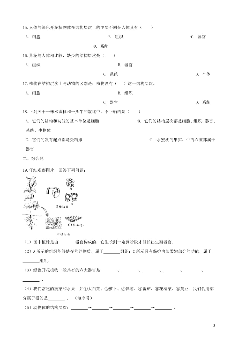 2019年中考生物多细胞生物体的结构层次专题复习（无答案）_第3页