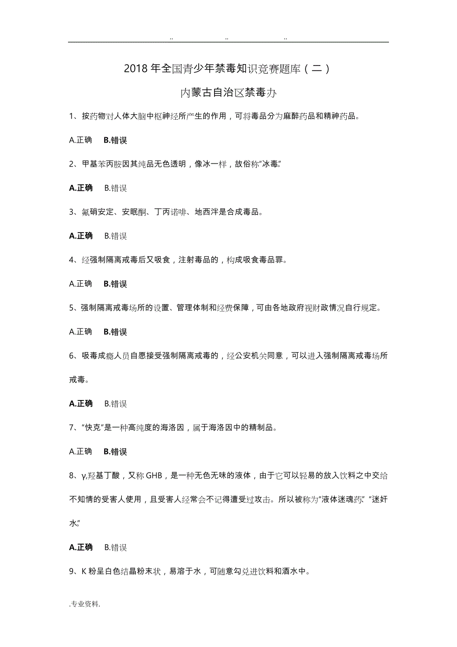 2018年全国青少年禁毒知识竞赛试题库(二)_第1页