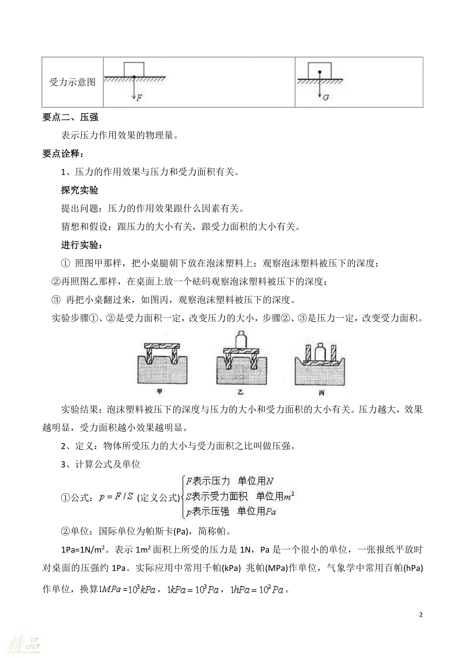 2019_2020学年八年级物理下册专题十三压强知识点总结及习题精练（含解析）粤教沪版_第2页