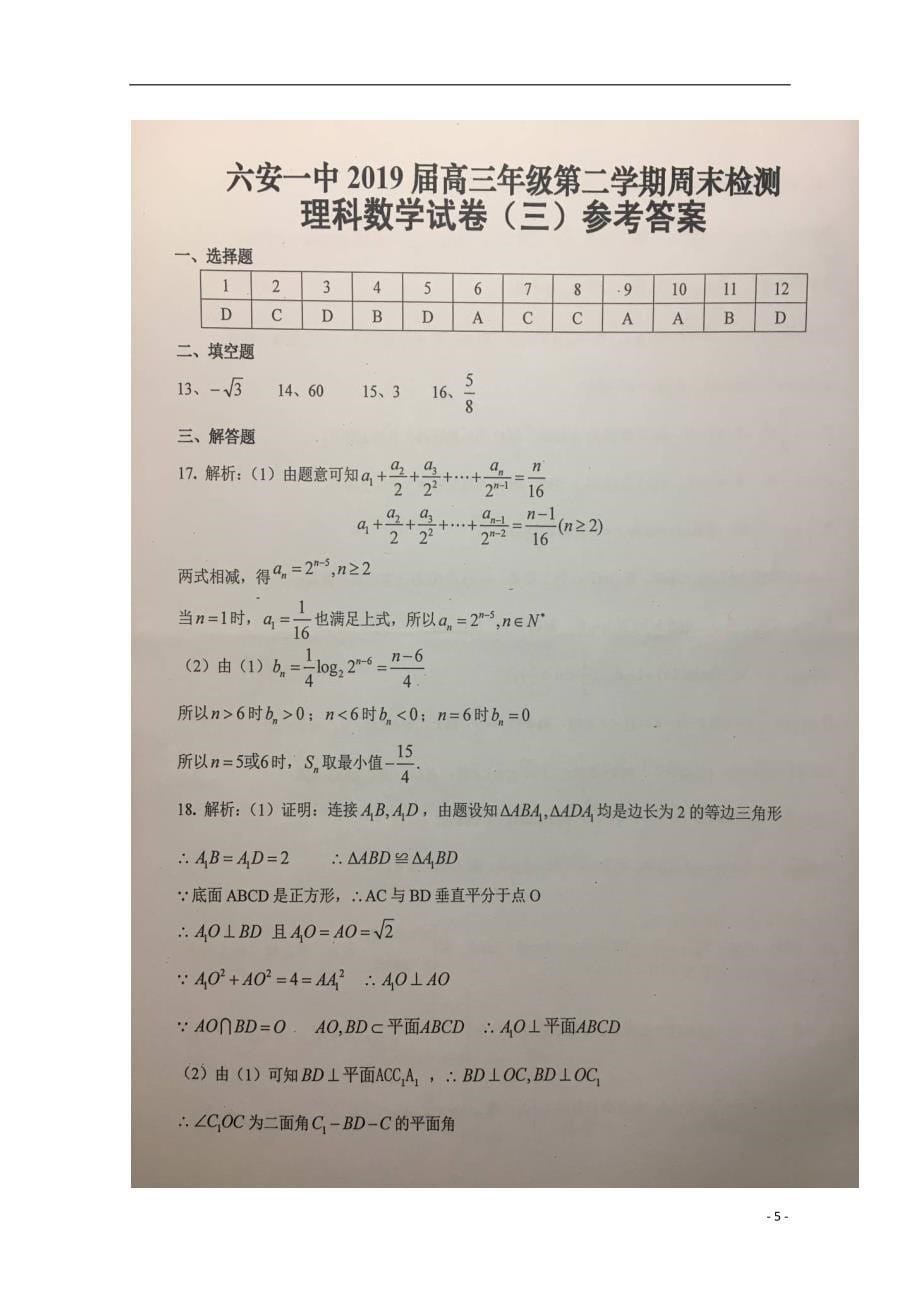 安徽省2019届高三数学下学期周末检测试题（三）理（扫描版）_第5页