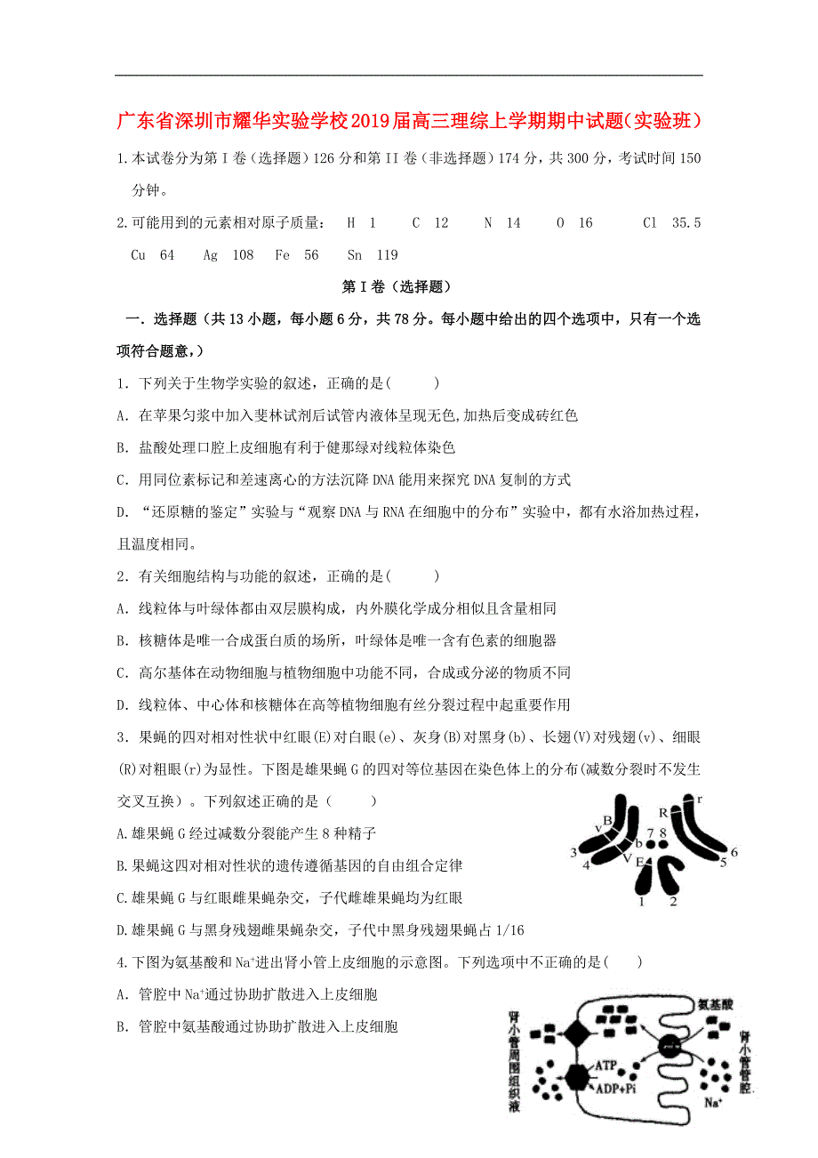 广东省深圳市耀华实验学校2019届高三理综上学期期中试题实验班201902280233_第1页