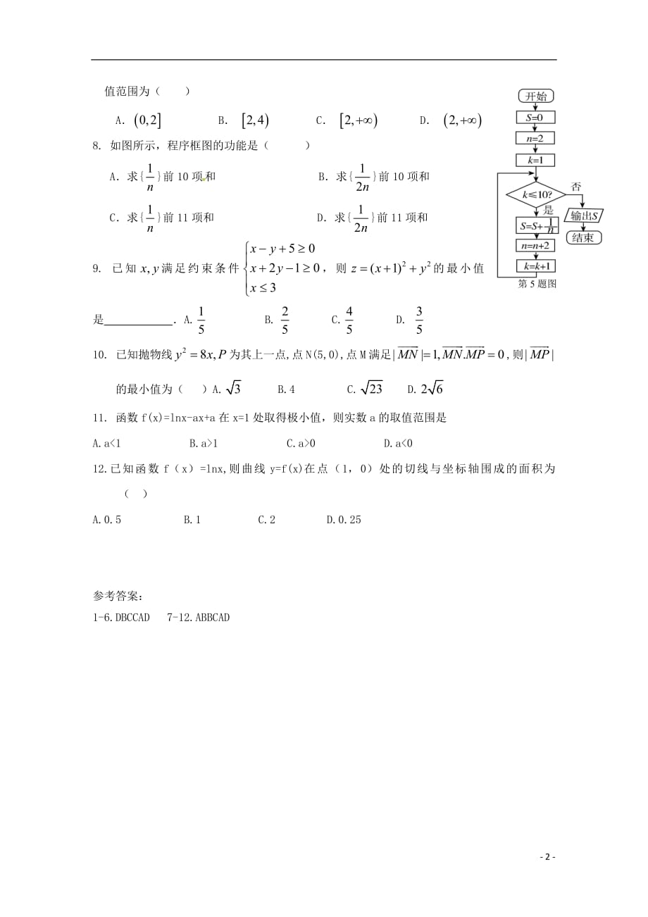 河南省正阳县第二高级中学2019届高三数学上学期周练五文201901310285_第2页